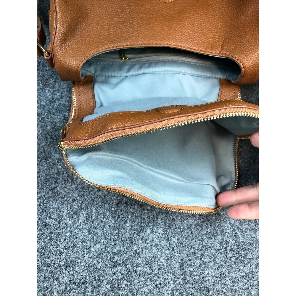Loulu Tan Pebbled Faux Leather Foldover Crossbody Bag Gold Logo Strap‎